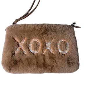 XOXO Tan Faux Fur Clutch Bag Glitter Logo Wristlet 10"